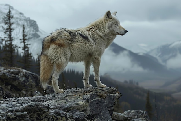 Wolf steht auf dem Gipfel des Berges
