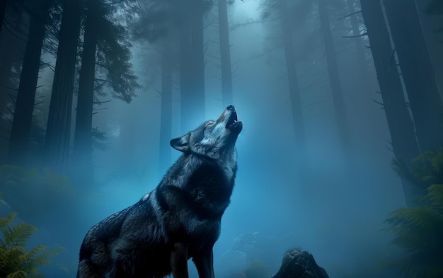Wolf steht auf einem Felsen im Wald
