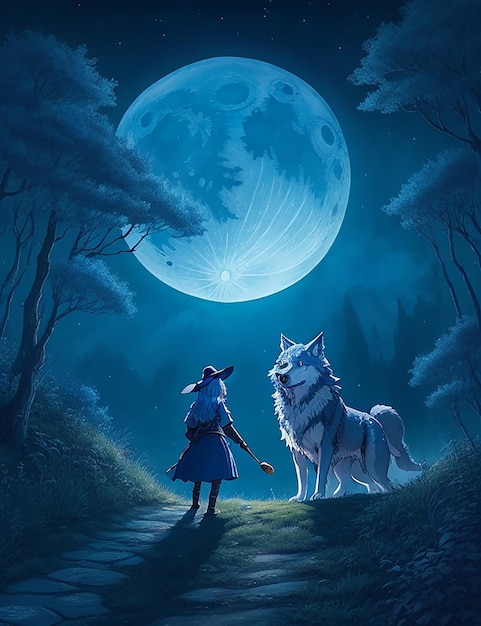 Wolf und Hexe hinter blauem Mond