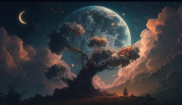 Wolken Bäume Sterne Mond Fantasy Design Bild Ai generierte Kunst