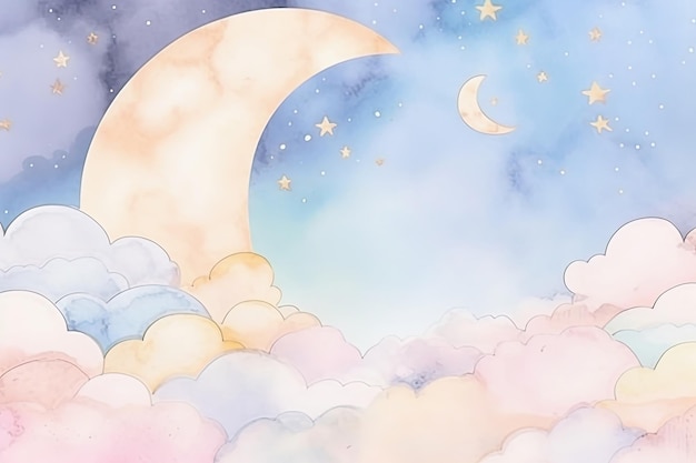 Wolken im Aquarellstil mit Mondpastellfarben. Kindergarten-Baby-Born-Design. Generative KI
