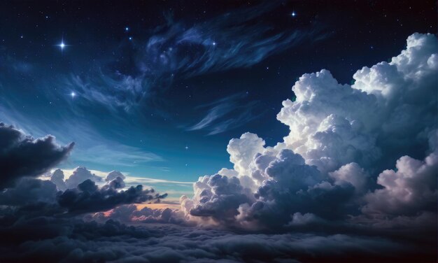 Wolken in der Nacht vor einem dunkelblauen Himmel mit Sternenhintergrund