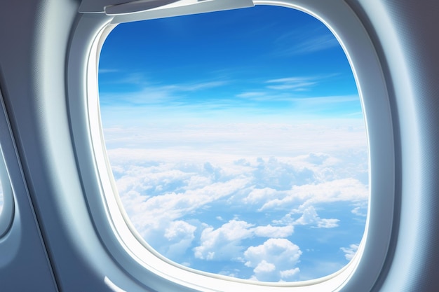 Wolken und Himmel, die durch das Fenster eines Flugzeugs mit Flugzeugflügel 39 gesehen werden