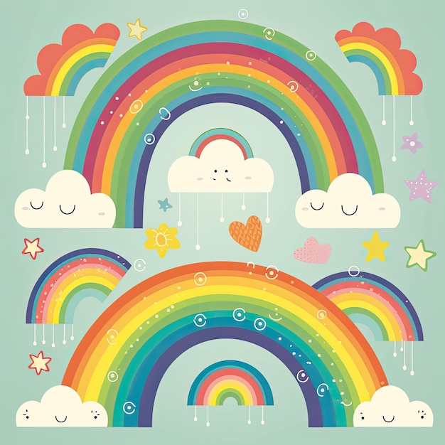 Wolken- und Regenbogendesign Niedliche Regenbögen mit glücklichen Gesichtern Regenbogen- und Wolken-Cartoons auf weißem Hintergrund Illustration von Wolken und Regenbögen mit glücklichen Gesichtern Regenbogen-Illustrationsset, KI-generiert