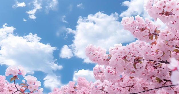 Wolken und Weiß unter blauem Himmel mit leuchtend rosa Frühlingsblumen