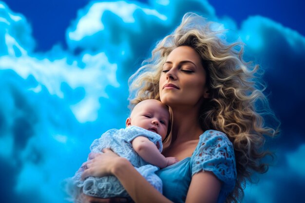 Wolken veranschaulichen abstrakt eine Mutter mit ihrem Baby in den Armen vor einem vollkommen blauen Himmel