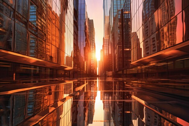Wolkenkratzer aus Metall und Glas mit Reflexion des Sonnenaufgangs. Großstadtdschungel. Generative KI