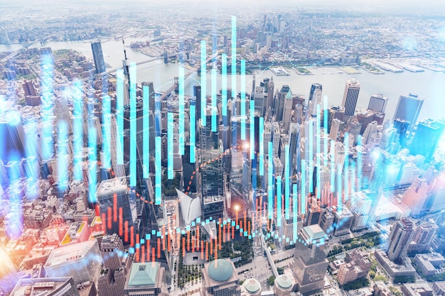 Wolkenkratzer Cityscape Downtown View New York Skyline Gebäude Schöne Immobilien Tageszeit Forex Finanzdiagramm und Diagrammhologramm Geschäftsbildungskonzept