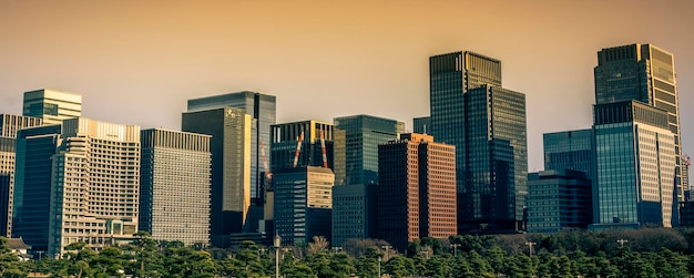 Wolkenkratzer in Tokio gegen den Himmel bei Sonnenuntergang