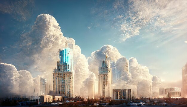 Wolkenkratzer lugen aus den Wolken am blauen sonnigen Himmel hervor