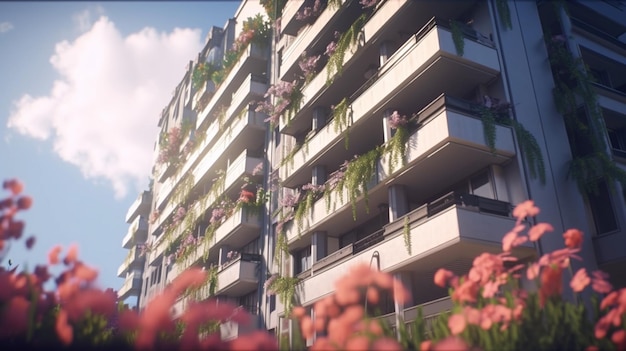 Wolkenkratzer mit Blumen und Vegetation entlang der Balkone