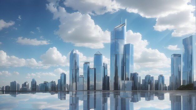 Wolkenkratzer mit reflektierenden Oberflächen, die die umliegende Skyline und die Wolken einfangen