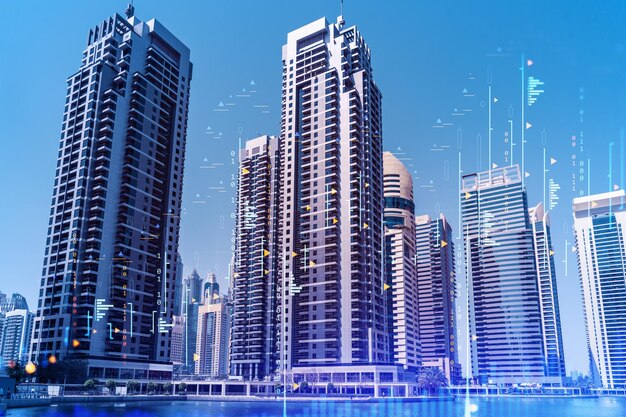 Wolkenkratzer von Dubai Business Downtown Internationaler Knotenpunkt für Handel und Finanzdienstleistungen Westasiens FOREX-Grafik- und Diagrammkonzept Doppelbelichtung Dubai Canal Waterfront