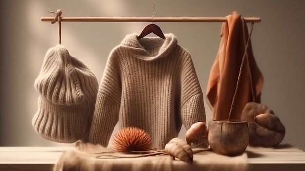 Wollpullover und Accessoires auf einem Holzregal closeupgenerative ai