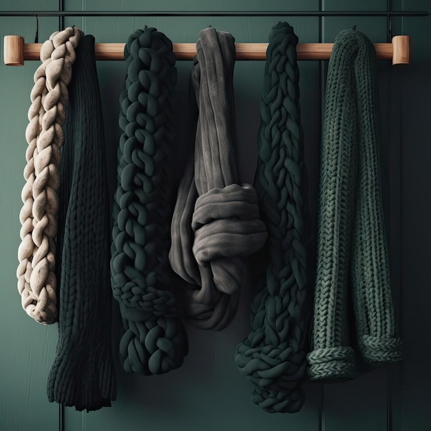 Wollschals hängen auf Kleiderbügeln im Kleiderschrank