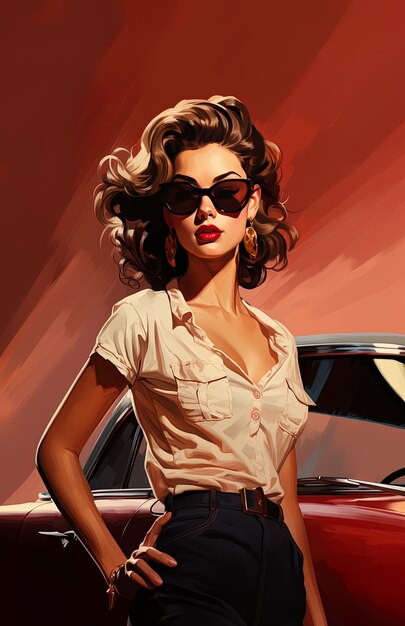 Foto a woman in a white shirt and sunglasses is posing in front of a car with a red wall behind her