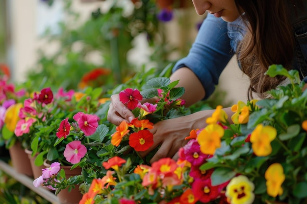 Foto a woman is looking at a bunch of flowers in a pot