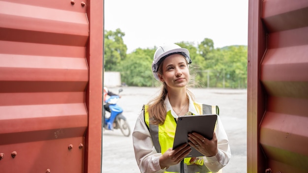 Woman Manager Using Tablet zur Überprüfung des Codes des Frachtcontainers vor dem Import exprot Konzept Logistik Transport Versand Lady Foreman Überprüfung der Fracht im Containerhafen des Lagerterminals