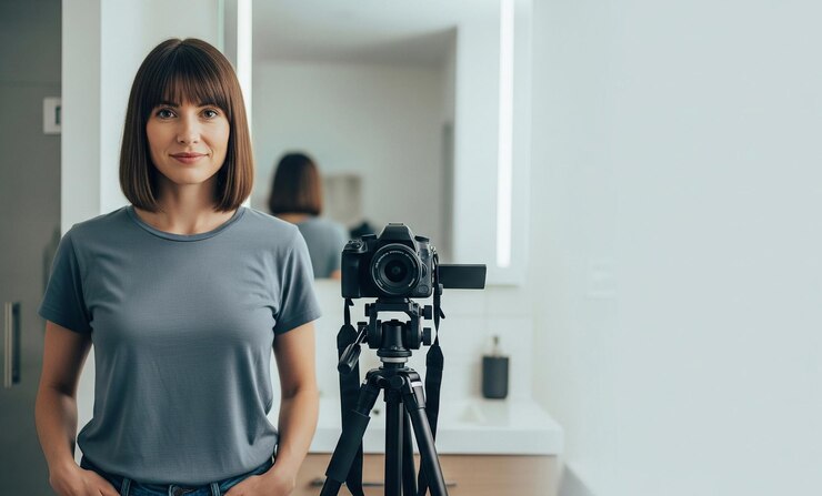 Woman with Camera Posing Smiling
