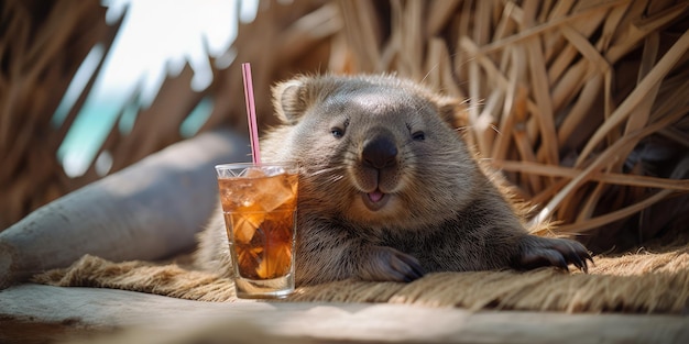 Wombat está de vacaciones de verano en un balneario y se relaja en la playa de verano