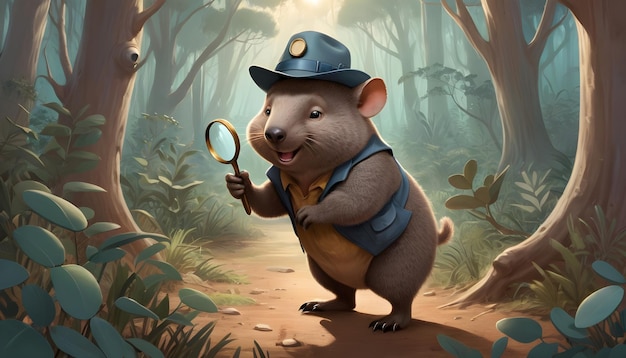 el Wombat con una lupa y un sombrero de detective