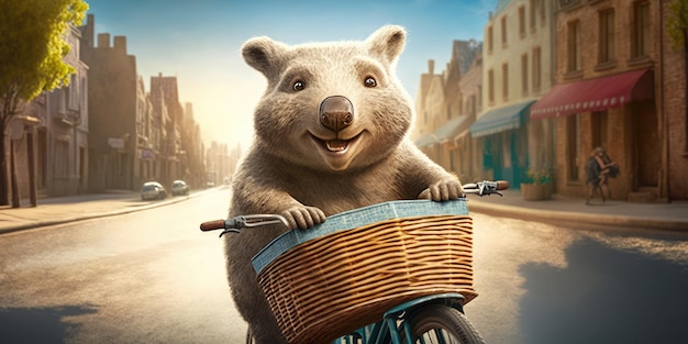 Wombat se diverte andando de bicicleta no dia de sol no verão na rua da cidade