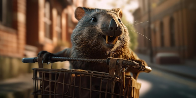 Wombat viel Spaß beim Fahrradfahren am Sonnentag im Sommer auf der Stadtstraße