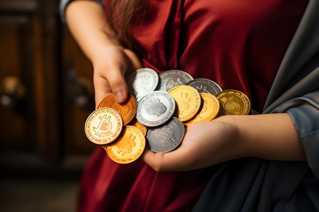 women_holding_more_than_a_dozen_bitcoin_coins_in_one