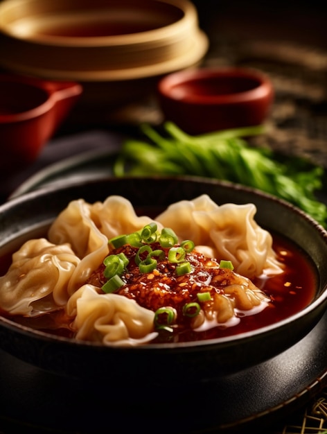 Foto wonton com sopa servida com bok choy