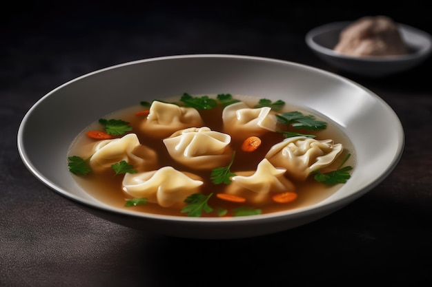 Wonton-Suppe auf weißem Teller Generative KI