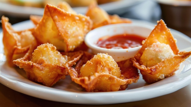 Foto wontons fritos com caranguejo rangoon preenchimento aperitivo chinês servido em um prato com molho vermelho tangy