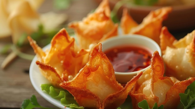 Foto wontons fritos de caranguejo chinês com queijo cremoso e textura frita em prato com