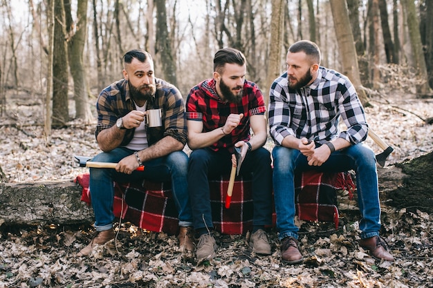 Foto woodcutters elegantes posando em madeiras