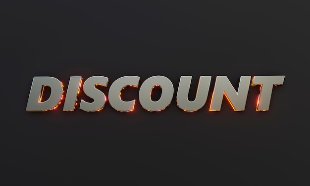 Word Discount está escrito en un fondo oscuro con efecto cinemático y neón. Representación 3D