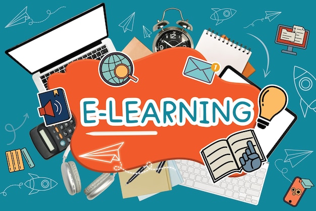 Word elearning cercado por vários materiais escolares e laptop em fundo azul