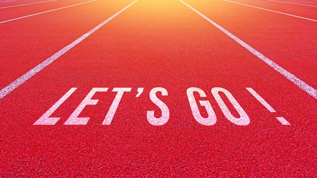 Word go escrito en una pista de atletismo para estrategias y desafíos de planificación empresarial u oportunidades de carrera y cambiar el concepto de camino al éxito