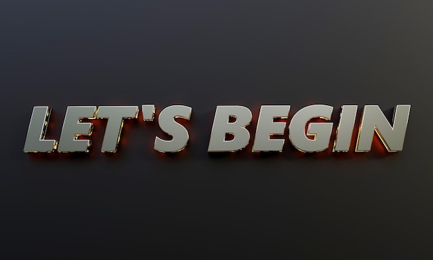 Word Let's Begin ist auf dunklem Hintergrund mit Film- und Neoneffekt geschrieben. 3D-Rendering