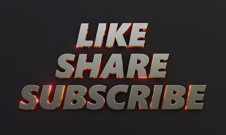 Foto word like, share, subscribe está escrito en un fondo oscuro con efecto cinematográfico y de neón. renderizado 3d