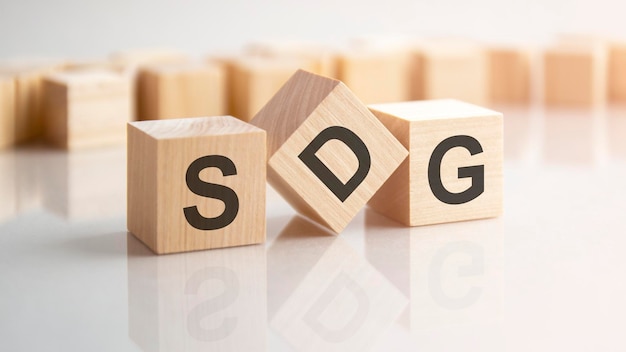 Word SDG hecho con bloques de construcción de madera stock image background puede tener un efecto de desenfoque
