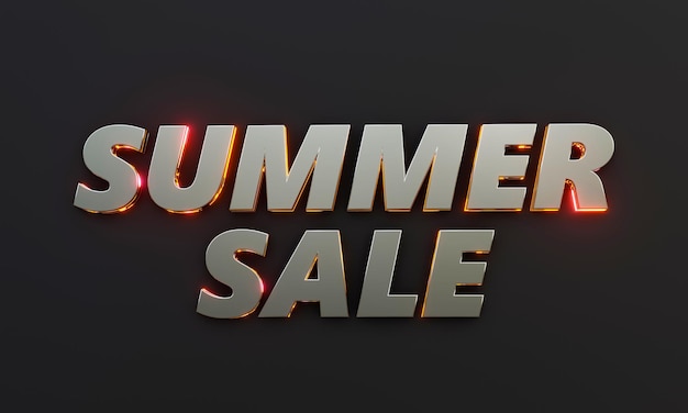 Word Summer Sale é escrito em fundo escuro com efeito cinematográfico e neon. Renderização em 3D