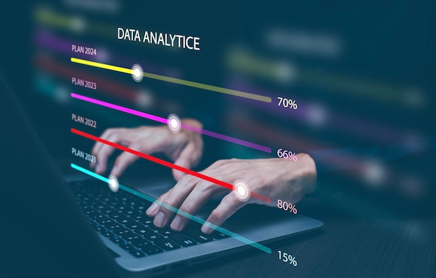 Foto working data analytics und data management systems und metrics sind mit der unternehmensstrategie-datenbank für finance intelligence business analytics mit key performance indicators verbunden.