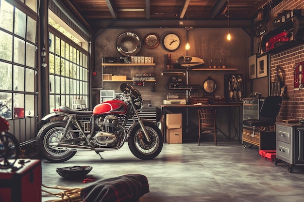 Foto workshop de motocicletas retro em loft setting