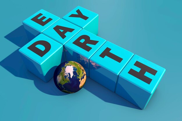 World Earth Day 3D-Rendering-Text auf Würfeln Tag der Erde mit dem Planeten Erde