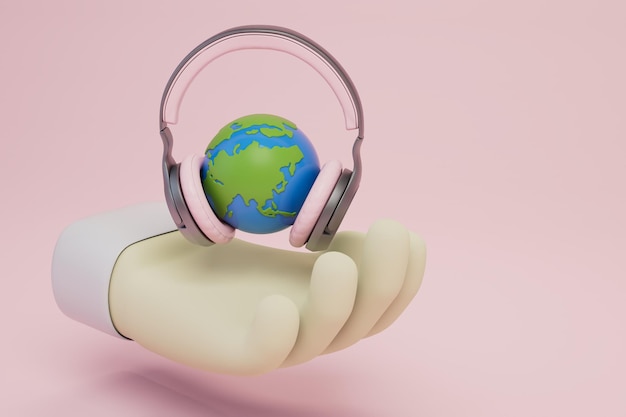 World Radio Day eine Hand, auf der der Planet in Kopfhörern auf pastellfarbenem Hintergrund 3D-Render ist