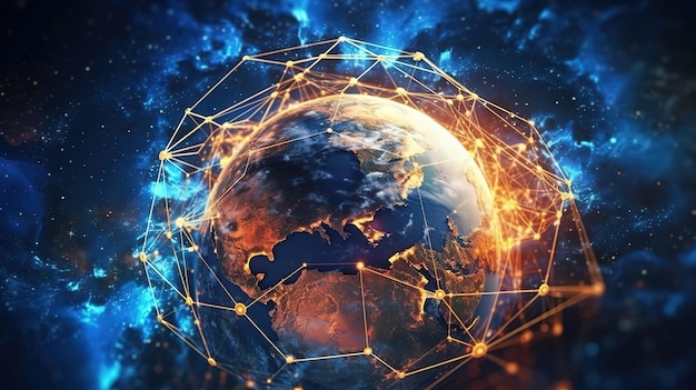 La World Wide Web global y las telecomunicaciones en la tierra blockchain de criptomonedas e Internet de las cosasTecnologías innovadoras futuristas IA generativa