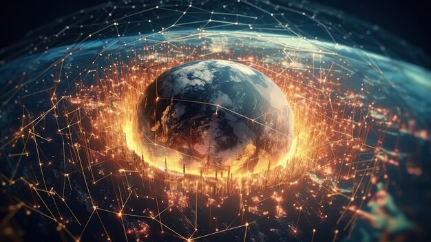 La World Wide Web global y las telecomunicaciones en la tierra blockchain de criptomonedas e Internet de las cosasTecnologías innovadoras futuristas IA generativa