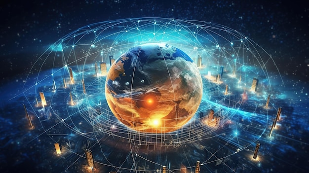 La World Wide Web global y las telecomunicaciones en la tierra blockchain de criptomonedas e Internet de las cosasTecnologías innovadoras futuristas IA generativa