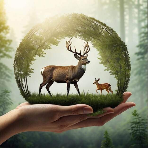 Foto world wildlife day konzept hand hält eine glaskugel mit einem hirsch drinnen waldhintergrund