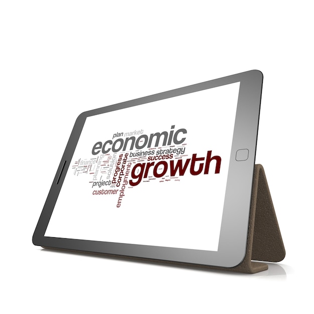 Foto wortwolke des wirtschaftswachstums auf tablette