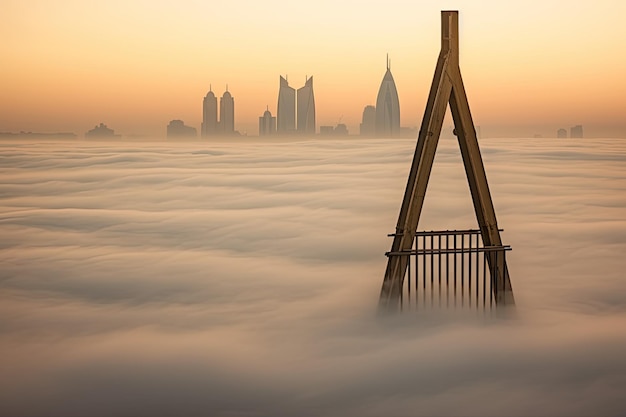 Wow Early Morning Adventure con el marco de Dubai con niebla